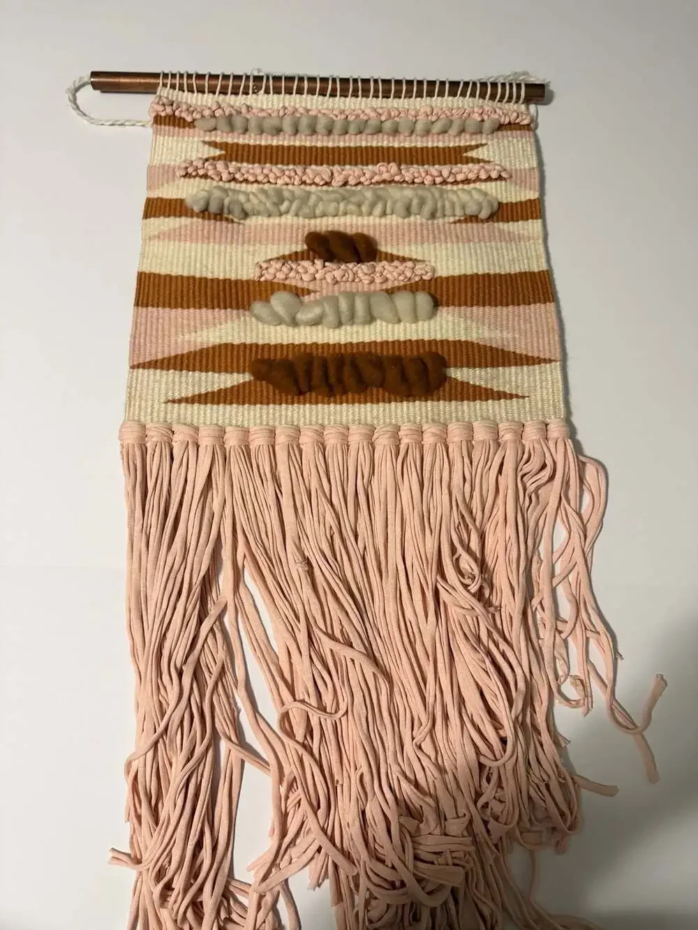 Boho Geometric Woven Wall Hanging Tapestry with Fringe and Copper Rod
